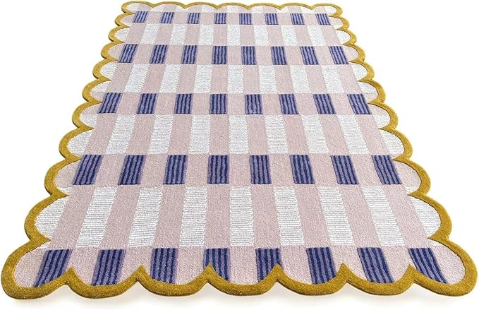 Hand-Tufted Wool Rug with Scalloped Edges, Light Blue Plaid Pattern, Cozy Soft Area Rug for Living Room, Bedroom, and Nursery, Handmade Modern Accent Rug (Pink, 4X7 FEET)