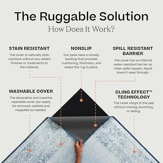 RUGGABLE Washable Vintage Area Rug – Kamran Hazel 5x7, Stain-Resistant, Non-Slip – Medium Machine Washable Rugs for Living Room, Bedroom, Hallway, Entryway & Office–with Standard Pad