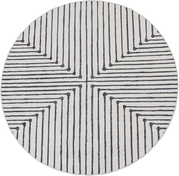 GLN Rugs Contemporary Collection - Machine Washable Area Rug, Contemporary Washable, Non Slip, Low Pile Chenille Rug, Living Room, Bedroom, Kitchen Rug (5'3" Round Black Beige)