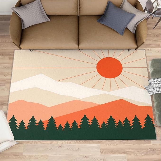 Boho Sun Area Rugs 3x4ft, Minimalist Mountain Kids Bedroom Rug, Abstraction Deco Bedside Rug Durable Non Slip for Cafe Living Room Under Table Boys Room Decor