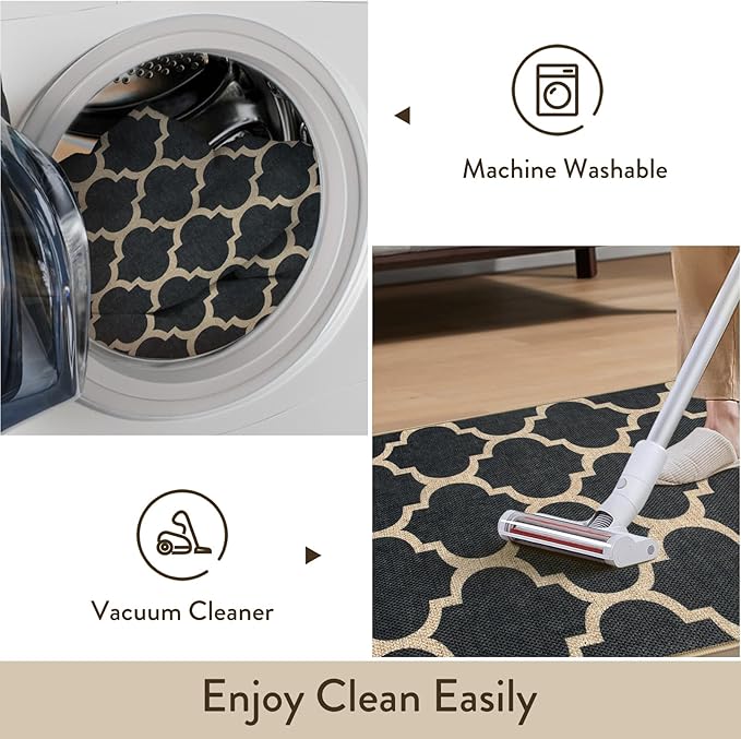 Lahome Moroccan Easy Jute Runner Rug, Black Washable Runner Rugs for Outdoor Porch Hallway, Geometric Trellis Woven Long Carpet for Doorway, Thin Non Slip Outdoor Decor, 2'6'' x 8'