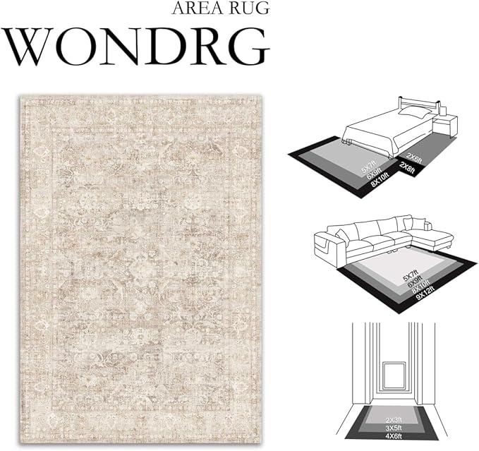 4x6 Beige Washable Area Rug for Living Room Bedroom Neutral Soft Non Slip Rug Low Pile Vintage Distressed Carpet for Dining Room Nursery Office Indoor