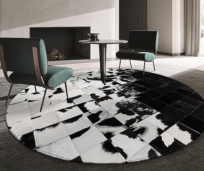 Cowhide Round Leather Rug 7x7 ft – Genuine Hair-On Hide Patchwork Area Rug for Living Room, Bedroom, Kids Playroom, Lounge & Western Home Decor