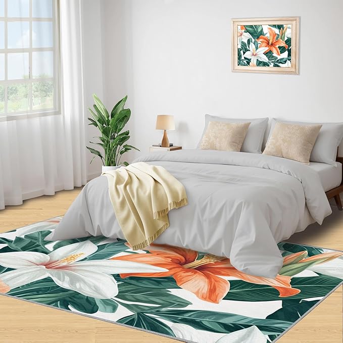 Lily Flowers Rugs for Bedroom - 5x8 Area Rug - Abstract 3D Flowers Rugs for Living Room, Tropical Plants Rug, Washable Home Decor Carpet