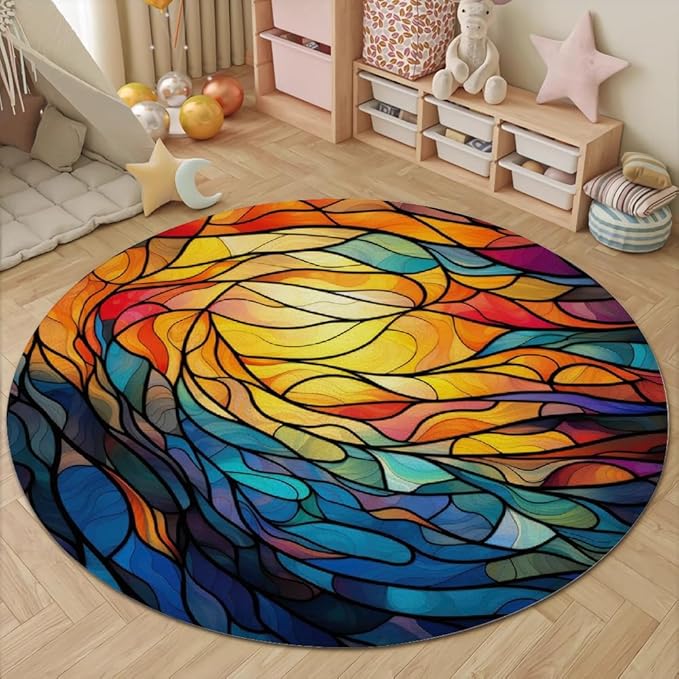 Abstract Colorful Pattern Round Rug Vintage Church Glass Area Rug Washable Soft Non-Slip Floor Carpet Low Pile Accent Rugs for Entryway Living Room Dining Room Bedroom Home Office 6ft