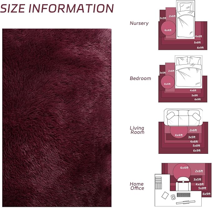 duduta Burgundy Plush Rugs for Bedroom 3x5 ft, Fluffy Shag Rug for Dorm Nursery Bedside, Machine Washable Non Slip