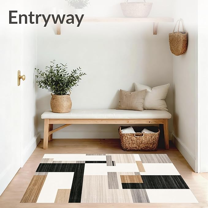 Flatwoven High Traffic Area Rug 4x6, Dark Beige Geometry and Dirt Trapper Design, Non Slip, Stain Resistant, Washable Area Rugs for Living Room, Bedroom (Beige, 4x6)