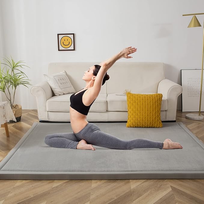 MAXYOYO Grey Coral Velvet Area Rug, Thick Japanese Tatami Mat Living Room Carpet with Non-Slip Backing, Large Solid Color Mat for Bedroom Dormitory Yoga, 78 by 118 inch