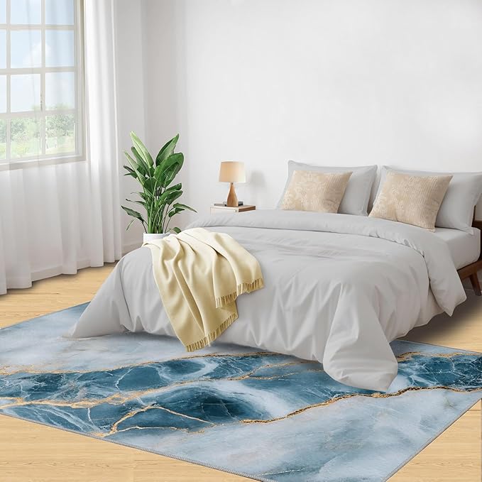6x8 Abstract Marble Classroom Rugs - Blue-White-Marble Playroom Rug, Luxury Stone Pattern Carpet Area Rug for Girls Bedroom Kids Room Basement Office Classroom