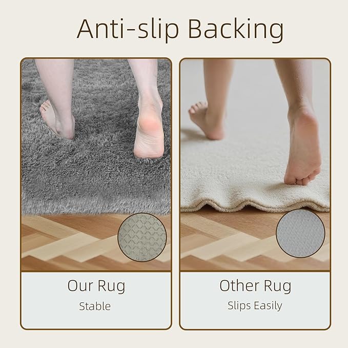 5x7 Solid Fluffy Grey Area Rug – Washable, Durable,Large Living Room Rug, Non-Slip High Pile Shag Rugs for Bedroom, Bedside, Dorms, Nursery Rooms, Kids Room, Soft Indoor Floor Carpet Decor