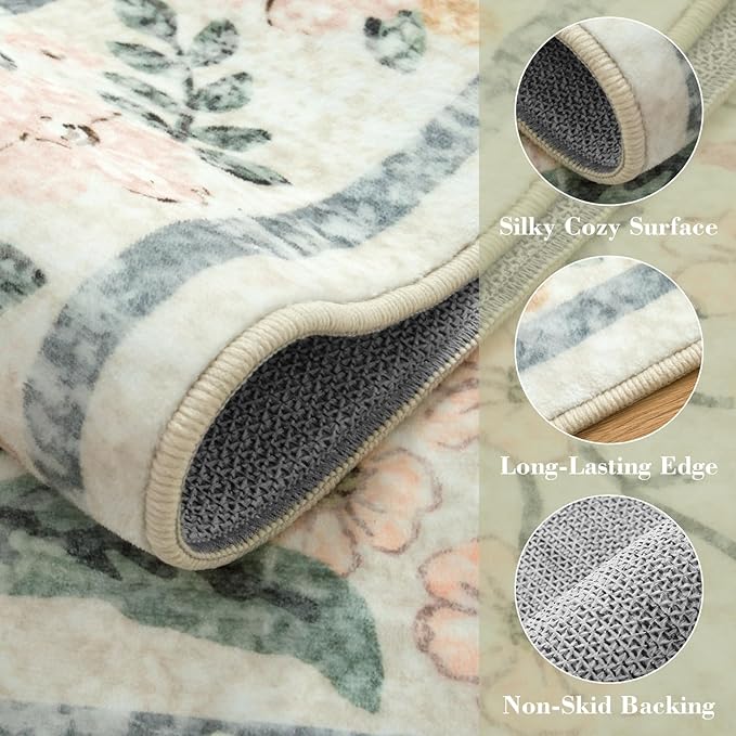 Wonnitar Floral Round Rugs 6ft, Boho Large Machine Washable Circle Rug, Low Pile Soft Flower Botanical Print Beige Round Carpet for Living Room Bedroom Dorm Sunroom
