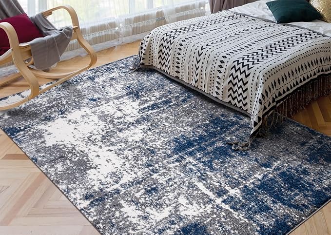 Keen Home Design Area Rugs - 6x9 Non-Shedding, Abstract Rugs for Kitchen, Living Room, Bedroom, Dining Room, Entryway - Size: 5'11" x 9'2", Navy/Grey/White