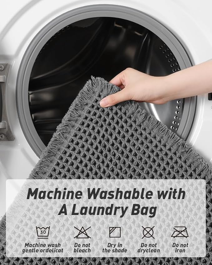 Upgraded Waffle Runner Rug Super Absorbent Non Slip Bath Mats for Bathroom Floor Machine Washable Bathroom Runner Rug with Tassels, Ideal for Hallway Bedroom Laundry Room, Dark Grey, 2'x 6'(24" x 72")