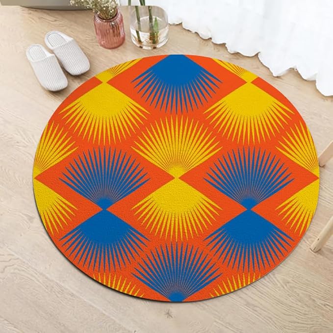 Vintage Blue Orange Round Rug Retro Pattern Print Area Rug Washable 4ft Circle Rugs for Living Room Bedroom Non Slip, Soft Indoor Floor Carpet for Kitchen Entryway Family Room