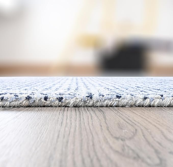 Hand-Tufted 100% Wool Pile Area Rug – Geometric Textured Grid Check Pattern – Thick and Durable Floor Carpet for Bedroom, Living Room, Kids Room, and Dining Area (Navy Blue, 8' x 10')