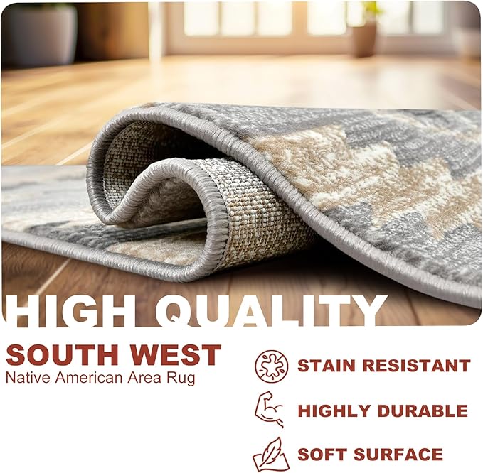 YHSF South West Native American Rug Ritz – Native Tribal American Indian Inspired Rug - Living Room, Bedroom, Hallway, Entryway & High Traffic Area Rugs Washable - Soft - Light Grey, 8 Feet x 10 Feet
