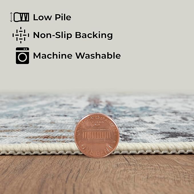 GLN Rugs Contemporary Collection - Machine Washable Area Rug, Contemporary Washable, Non Slip, Low Pile Chenille Rug, Living Room, Bedroom, Kitchen Rug (3' x 5' White/Grey/Blue/Brown)