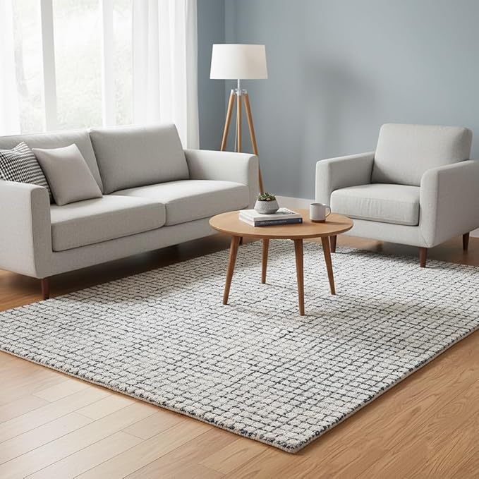 Hand-Tufted 100% Wool Pile Area Rug – Geometric Textured Grid Check Pattern – Thick and Durable Floor Carpet for Bedroom, Living Room, Kids Room, and Dining Area (Ivory, Denim, 10' Round)