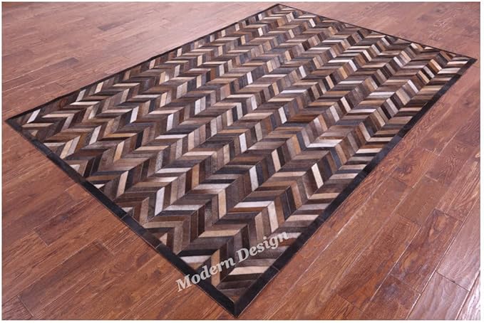 Modern Design Premium Cowhide Leather Carpet with Chevron Pattern, Area Rug (Natural Multi Brown, 8x10)