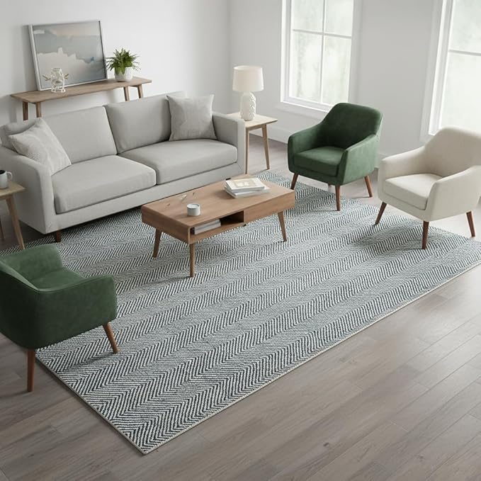 Modern Herringbone Chevron Collection Handcrafted Wool Area Rug - Durable, Zigzag Pattern, for High Traffic, Contemporary Design for Living Room, Bedroom, Dining Room Decor (Denim Blue, 5' x 7')