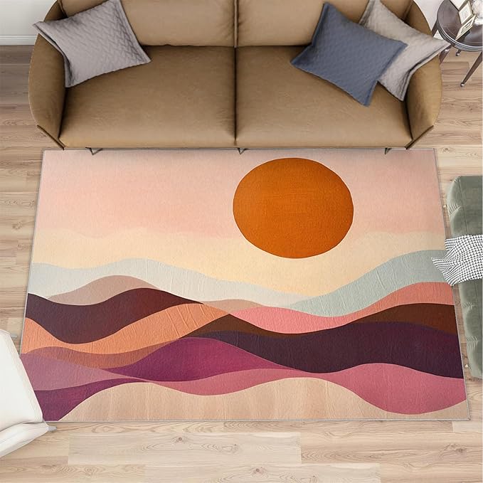 Boho Sun Area Rugs 4x5ft, Minimalist Line Kids Play Rug, Geometric Solar Throw Rugs Bedroom Fluffie Soft for Coffee Shop Living Room Under Table Game Room