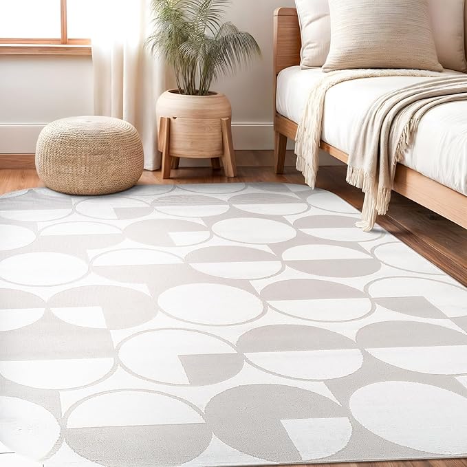 Beverly Rug Modern Geometric Area Rug 8x10 Low-High Pile Durable Soft Abstract Circular Indoor Rugs for Living Dining Room Office Stain Resistant Non Shedding Casual Indoor Carpet Beige White 8 x 10