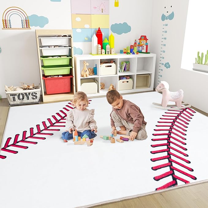 Baseball Soft Area Rug, Cute Bedside Shag Rug for Kids Toddlers Teens, Baseballs Lovers Room Decor Indoor Carpet for Kids Room Bedroom Living Room, Nursery, Machine Washable 7x9 FT