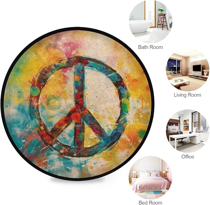 Boho-Style Peace Sign Round Rug Soft, Washable, Non-Slip for Home Decor. Ideal for Bedroom, Entryway, Living Room. Indoor/Outdoor Use.