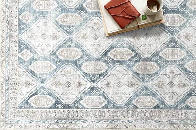 Fame Living Faded Oushak Rug, Turkish Vintage Floral Pastel Large Oversized Area Rugs for Living Room Dining Bedroom Kitchen Bathroom Nursery (848CrNv, 7'5" x 9'8")