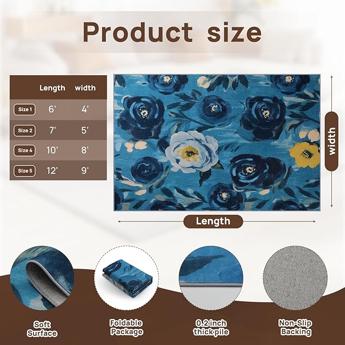 5x7 Camellia Floral Rugs, Modern Washable Flower Pattern Area Rug for Bedroom, Soft Large Non-Slip Kitchen Carpet Floor Door Mat for Living Room Dining Room Office - Navy Blue