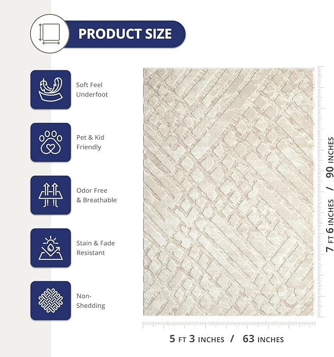 Abani Terra Cream Area Rug for Living Room, Bedroom - Rustic Modern Pattern - 6' x 9' - Durable & Easy to Clean