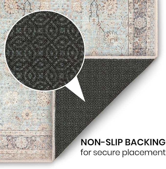 GLN Rugs Traditional Collection - Machine Washable Area Rug, Traditional Washable, Non Slip, Low Pile Chenille Rug, Living Room, Bedroom, Kitchen Rug (9' x 12' Light Blue)