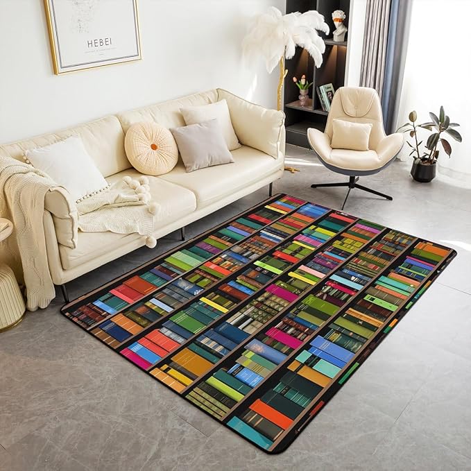 Books Area Rug 3x5 Rainbow Bookshelf Rugs for Living Room | Watercolor Book Shelf Washable Rug, Bookcase Bookrack Carpet Indoor Floor Mat