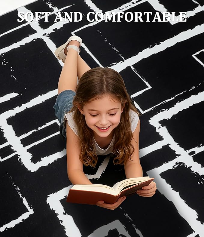 YIHOUSE Black Modern Geometric Area Rug 5x7, Black and White Rug with Abstract Rectangular Patterns,Non-Shedding Washable Rugs for Bedroom, Home Office and Small Living Room