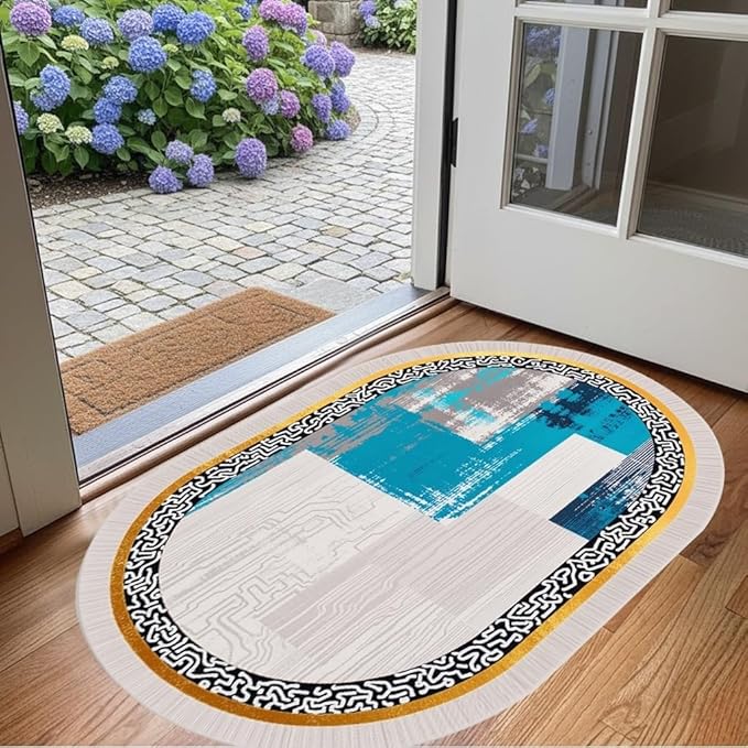 Vintage Luxury Grey Blue Gold Abstract Geometric Texture Oval Area Rug 10x14 for Living Room Bedroom Dining Room Minimalist Bordered Large Rugs Nursery Dorm Kitchen Entryway Soft Non Skid Floor Carpet