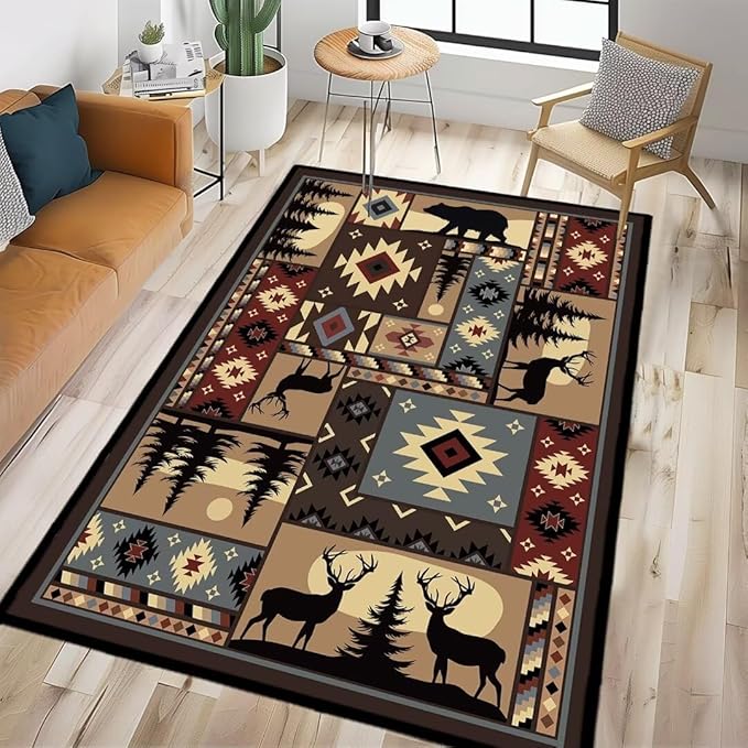Rustic Cabin Wildlife Area Carpet for Living Room 4x6 Area Rug for Bedroom,Buffalo Plaid Bear Moose Deer Country,Vintage Throw Rug Indoor Rugs Non Slip Soft Floor Carpets Mat for Dining Room,Office