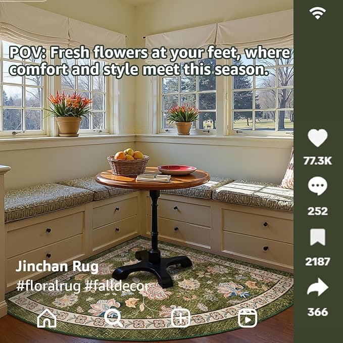jinchan Elora Floral Corner Rug for Kitchen Washable Nursery Rug Vintage Romance Design Non Slip Quarter Circle Lightweight Low-Pile Throw Carpet for Playroom Reading Nook Office, 5ft Radius, Green