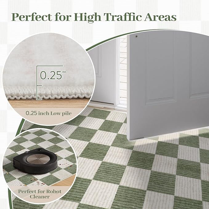 LIVEBOX 3x5 Washable Area Rug Checkered, Non-Slip Small Entryway Rug Green Farmhouse Neutral Classic Geometric Boys Rug for Bedroom Room Low-Pile Carpet for Indoor Kitchen Bathroom(Sage Green 3'x5')