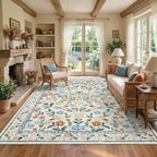5x7 Washable Non-Slip Rug, Vintage Floral Area Rug for Living Room, Low Pile Farmhouse Distressed Carpet for Nursery Playroom Dorm Teens Office, Green