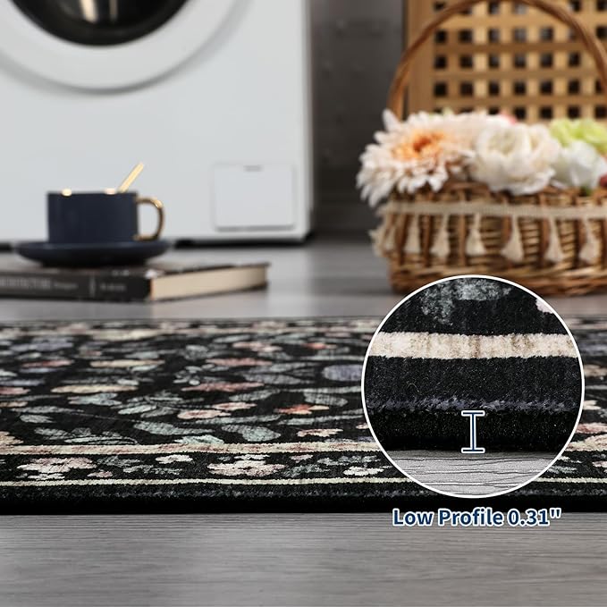 5x7 Washable Non-Slip Rug, Vintage Floral Area Rug for Living Room, Low Pile Farmhouse Distressed Carpet for Nursery Playroom Dorm Teens Office, Black