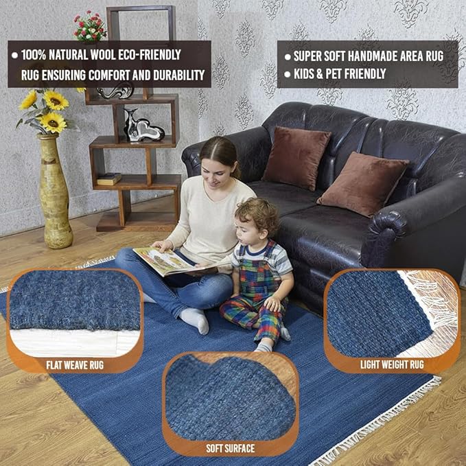 Rugsotic Carpets Hand Woven Flat Weave Kilim Wool ECO-Friendly Area Rugs - 8'x10', Rectangle Shape, Blue Color, Solid Plain Design, Low Pile Handmade Area Rugs for Living Room, Bed Room (D00111)