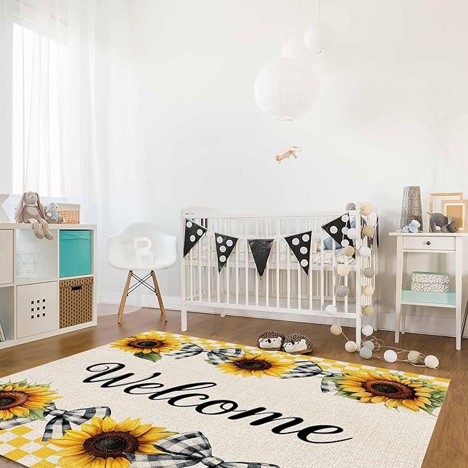 Summer Sunflowers Rectangular Welcome Area Rugs for Living Room Bedroom 2.8 x 5 ft Bow Tie Plaids Non-Shedding Soft Low Pile Rug Rustic Linen Non Slip Washable Rug for Nursery Entryway Playroom