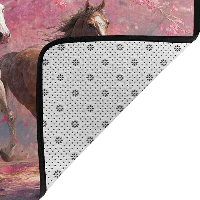 Galloping Horse Cherry Blossom Area Rug Washable Outdoor Rugs Anti-Slip Soft Carpet Entryway Indoor Door Mat for Bedroom,Living Room,Porch,Terrace and Entrance Decor 8'x 5'