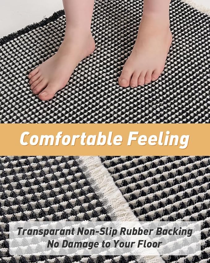 AMOAMI Upgraded Waffle Runner Rug Super Absorbent Non Slip Bath Mats for Bathroom Machine Washable Bathroom Runner Rug with Tassels, Ideal for Hallway Bedroom Laundry Room, 2' x 5', Black & Cream