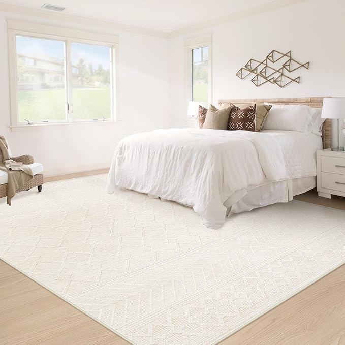 6x9 Area Rug Living Room: Washable Boho Geometric Moroccan Rug Neutral Modern Farmhouse Indoor Soft Non Slip Ultra Thin Printed Pattern Carpet for Dining Room Bedroom Nursery Home (Beige, 6'x9')