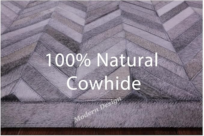 Modern Design Premium Cowhide Leather Carpet with Chevron Pattern, Area Rug (Natural Multi Grey, 2x3)