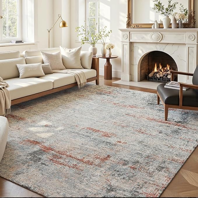 Area Rug 6x9 Washable Rug Grey and Brown for Living Room, Dining Room, Bedroom, Large Carpets, Non Slip & Non-Shedding Low Pile Vintage Print Rug for Home Office Decor