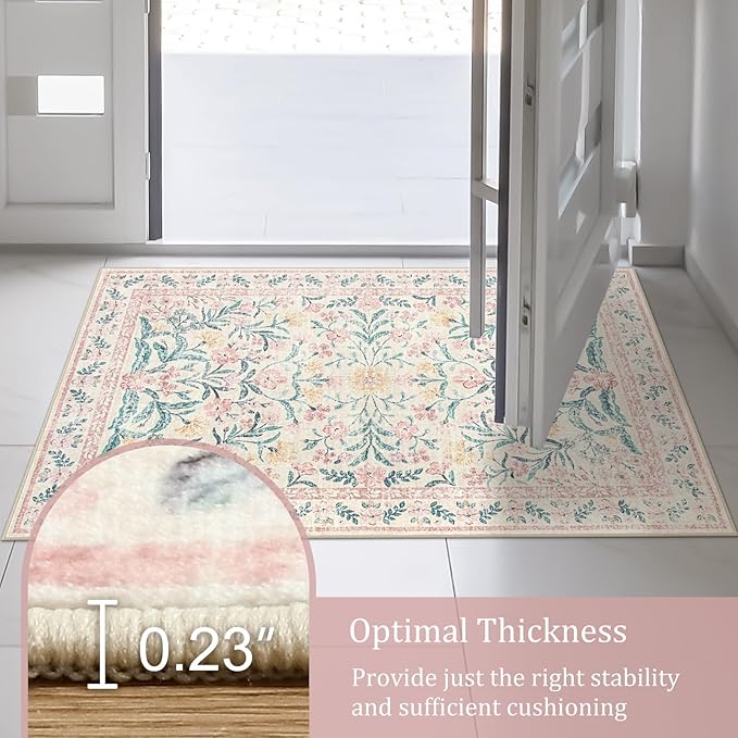 Morebes 6x9 Area Rugs for Living Room Non Slip, Washable Light Pink Rugs for Bedroom Girls Floral Print, Soft Low-Pile Boho Indoor Carpet for Nursery Kids Room Home Decor, Pink/Green