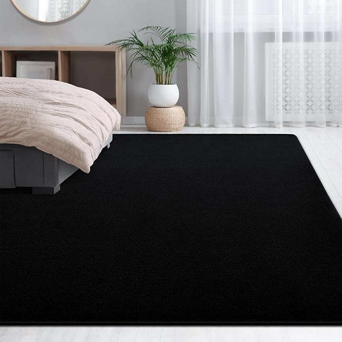 Large Area Rugs for Living Room Bedroom, 5x8 Feet Black Rug, Minimalist Modern Shag Rug, Soft Thick Comfy Memory Foam Indoor Carpet, Non-Slip Washable Rug for Boys Girls Dorm Nursery Room Home Decor