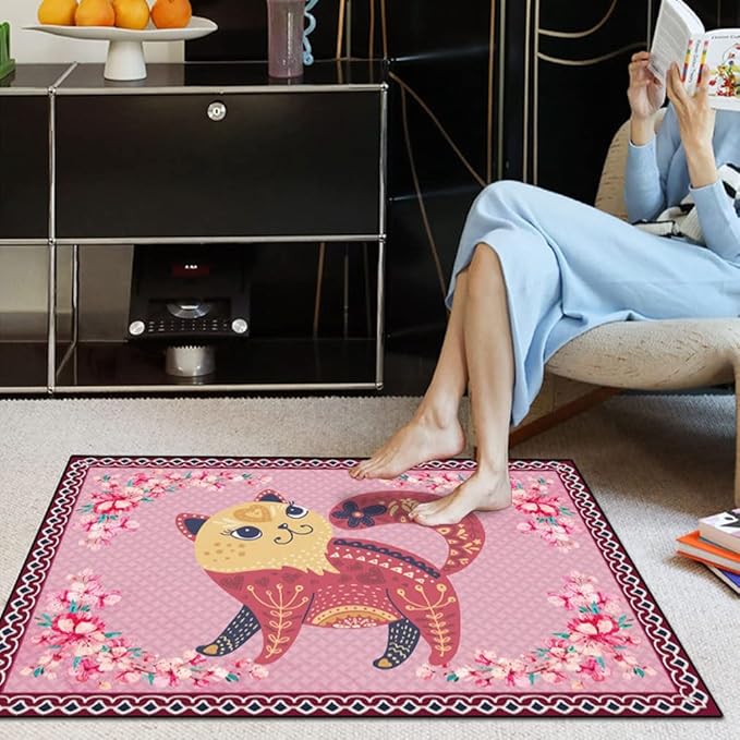 Cartoon Animal Pattern Area Rug Cute Cat Luxury Floral Decor for Carpet Farmhouse Bedroom Living Room Rugs Bathroom Kitchen Runner Mat Indoor Outdoor Non Slip Doormat 4.5' X 6.5'